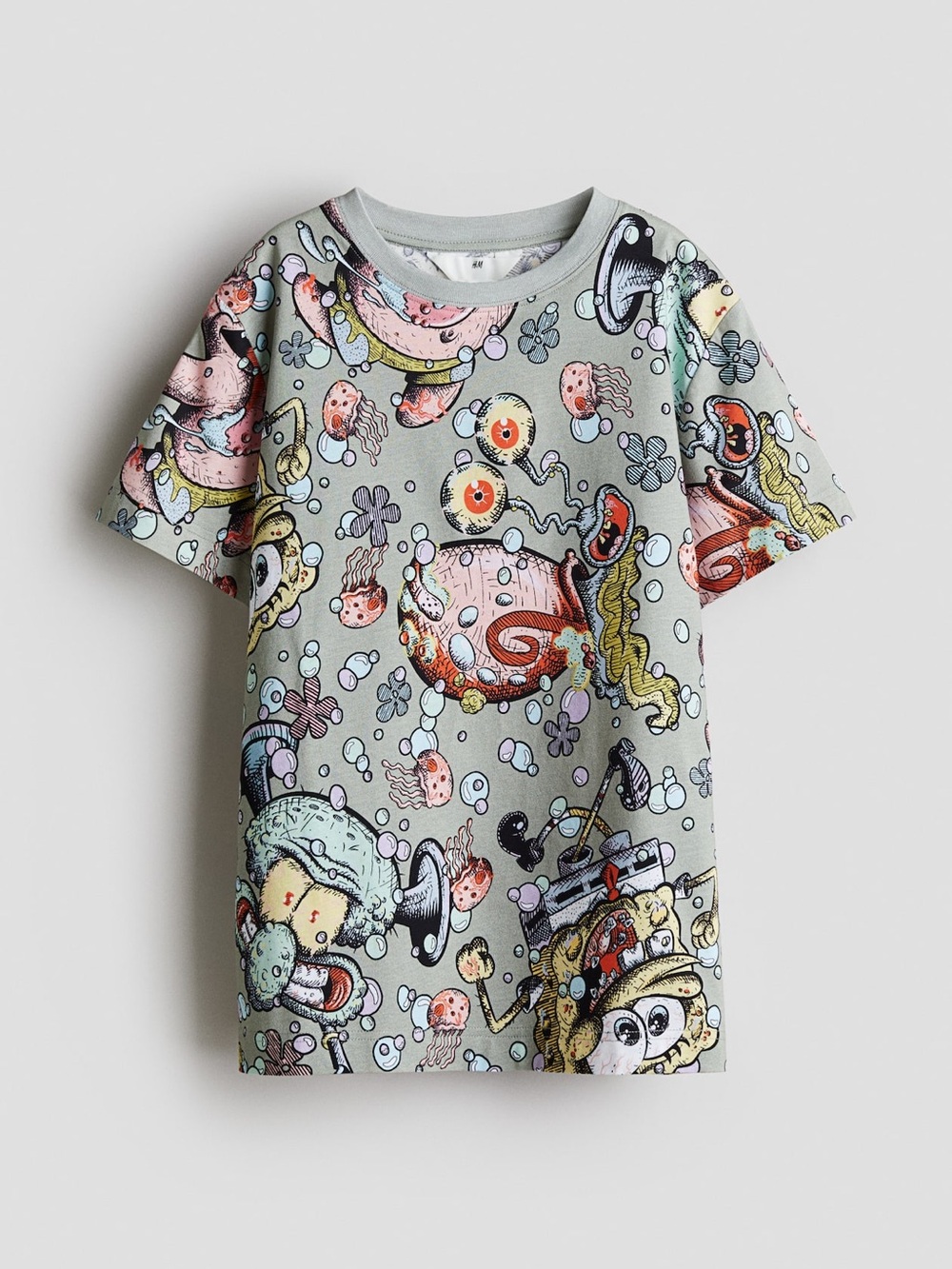 H&M SpongeBob Printed Short Sleeve T-Shirt Youth 12/14 Dusty Green All Over